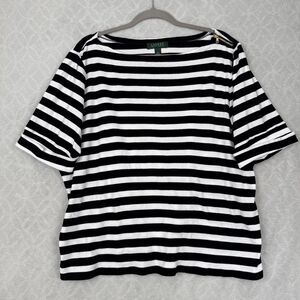 Ralph Lauren Jewel Neck Top Womens 2X Black White Stripe Zipper Nautical Preppy